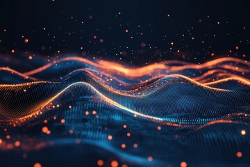 Digital background with glowing blue and orange dots on a dark wave in a technology futuristic concept abstract data flow 