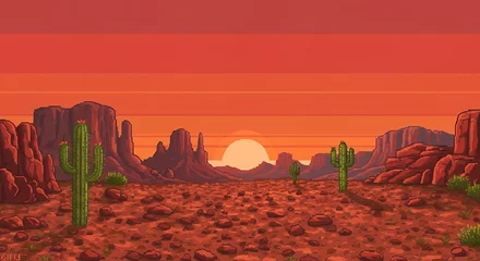 Fototapete Sunset Over Pixel Art Desert Landscape with Cacti and Buttes © ryandi