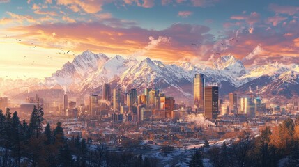 Naklejka premium Majestic Cityscape Sunrise Over Snowy Mountains