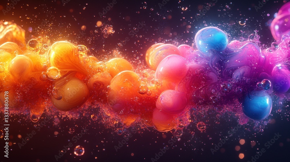 Poster abstract vibrant colorful swirls of liquid with bubbles in dark background.