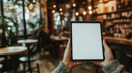 Close-Up of Female Hands Holding a Blank Screen Tablet in a Cozy Modern Café with Warm Lighting – Digital Device Mockup for Website, App, Advertisement, UX/UI Design, Social Media.