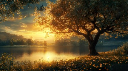 Naklejka premium Golden sunlight illuminates a tree over a tranquil lake at dusk