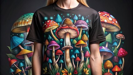 Trendy Mushroom Fashion: Black Silhouette & Hand-Drawn Illustrations on Dark Background - Apparel Design