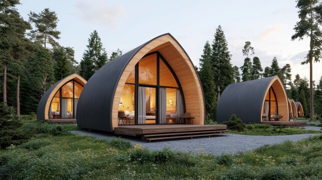 Modern glamping pods in a forest setting. Sustainable eco friendly lodging for nature tourism and outdoor recreation.