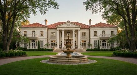 Elegant Mansion with Fountain and Lawn at Golden Hour