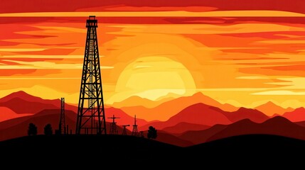 Obraz premium Silhouette of Oil Rig at Sunset Over Colorful Mountain Landscape