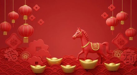 Festive Red Horse Chinese New Year Background with Lanterns and Gold Ingots