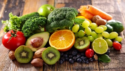 A vibrant assortment of fresh fruits and vegetables is beautifully arranged, showcasing a variety of colors, textures, and shapes.