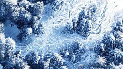 Aerial View of a Snow-Covered Winter Forest with Winding River