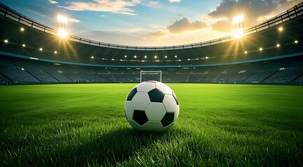 Naklejka premium Soccer ball on a green field under stadium lights