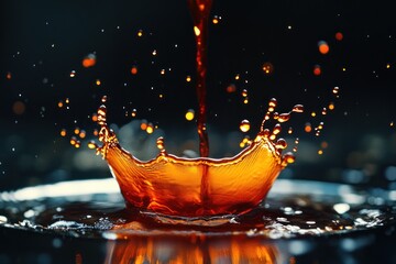 A high-speed capture of red wine being poured into a glass, with droplets splashing against a dark backdrop.