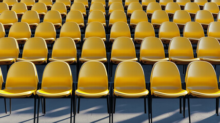 Naklejka premium Rows of Bright Yellow Stadium Seats in an Empty Outdoor Arena