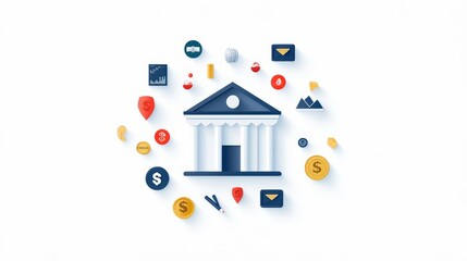 Financial Institutions and Banking Symbols on a Bright Background