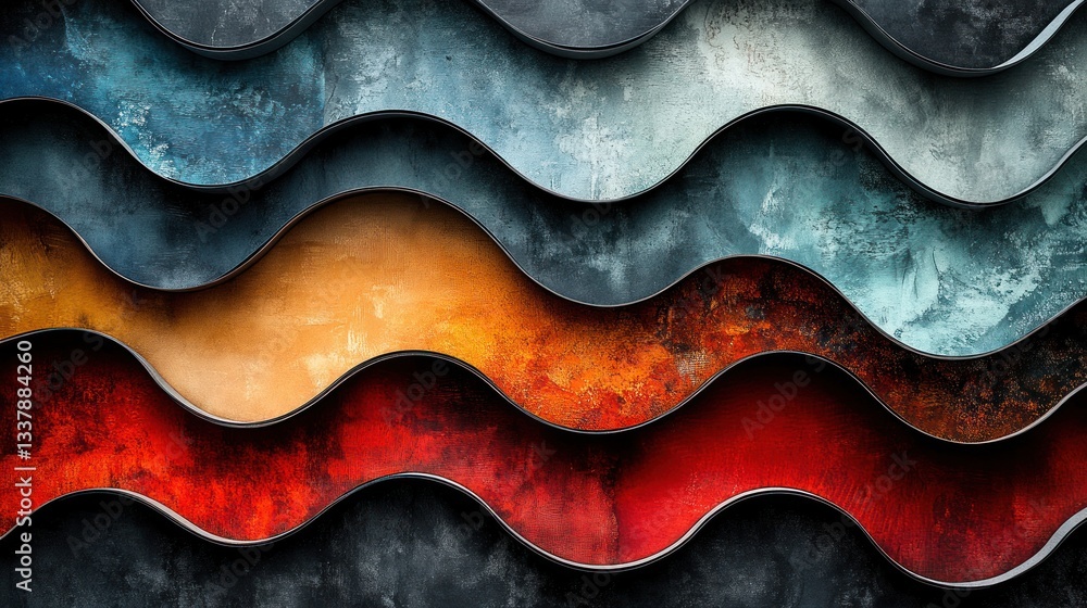 Poster abstract wavy layered textured background with metallic borders in shades of blue, orange and red.