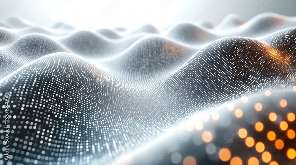 Poster abstract wavy surface of glowing particles.