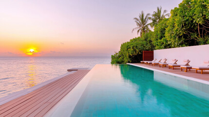 Obraz premium Serene infinity pool at tropical resort during sunset, surrounded by lush greenery