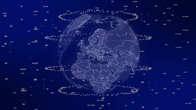 Bosnia and Herzegovina country emerges on rotating digital globe, surrounded by energy particles, illustrating advanced data analysis in cinematic background