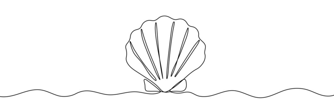 Continuous line drawing of scallop shellfish. Hand drawn One line of shell. Marine animal concept continuous line art. Editable outline.