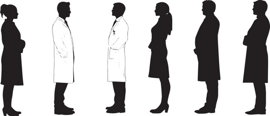 A collection of high-quality doctor silhouettes, dressed formally with distinct styles. Suitable for medical banners, pharmaceutical advertising, and healthcare visual content.