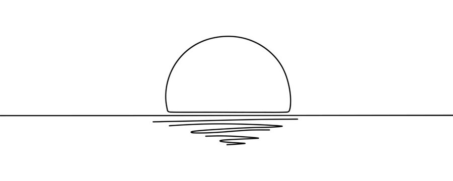 Single continuous one line art sunny ocean view. Sea voyage sunrise holiday tropical luxury journey sunset concept design sketch outline drawing vector illustration