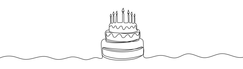 Continuous one line drawing of birthday cake. Birthday cake with candles outline vector illustration. Celebration, party, happy, celebrate, anniversary concept. Hand drawn Editable stroke