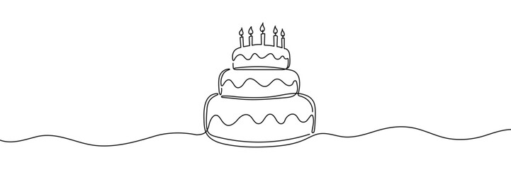 Continuous one line drawing of birthday cake. Birthday cake with candles outline vector illustration. Celebration, party, happy, celebrate, anniversary concept. Hand drawn Editable stroke