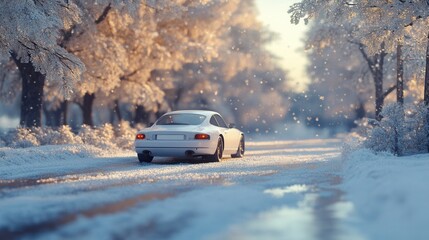 Winter Wonderland Drive  White Sports Car on Snowy Road