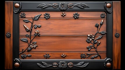 Ornate wooden plaque with floral metal frame.