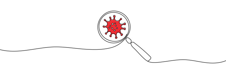 Continuous one line drawing virus sign under a magnifying glass. Hand drawn Editable stroke vector