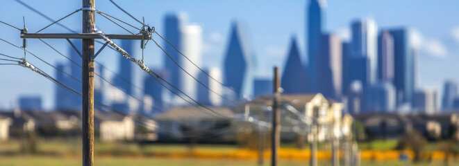 City skyline with power lines in foreground, showcasing urban life and infrastructure. blurred background emphasizes cityscape