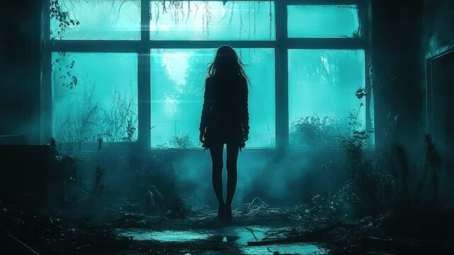 Young girl confronts ancient spirit in a hauntingly dark stairwell enveloped in mist during twilight