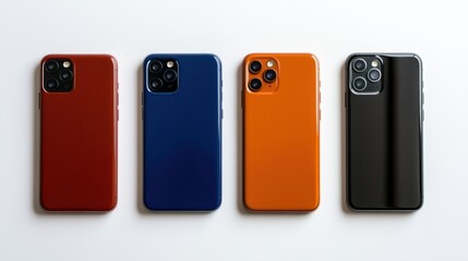 Four sleek smartphones aligned, showcasing elegant cases in deep red, navy blue, vibrant orange, and classic black on a pristine white background.
