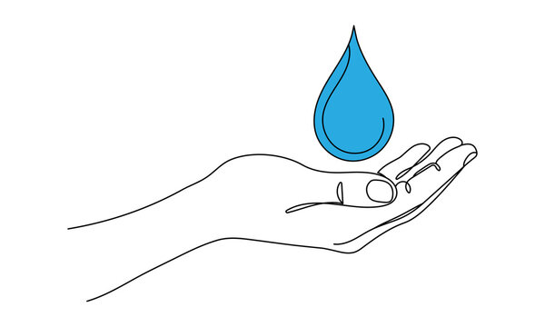 hand holding blue water drop, line art clip art preview