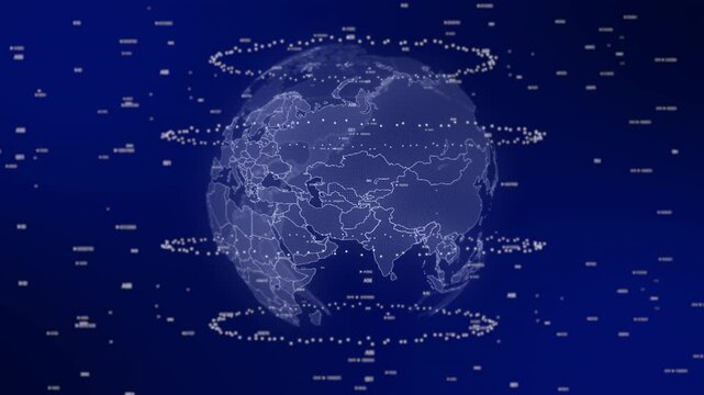 Uzbekistan country emerges on rotating digital globe, surrounded by energy particles, illustrating advanced data analysis in cinematic background