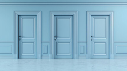 Three light blue doors side by side on the wall, with a minimalistic light blue background, in the front view.