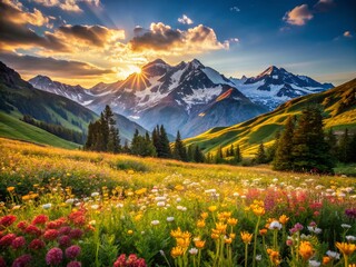 Obraz premium Vibrant Alpine Meadow Wildflowers Summer Travel Poster - Mountain Scenery