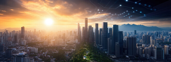 Fototapeta premium Futuristic cityscape at sunset with skyscrapers and digital connections