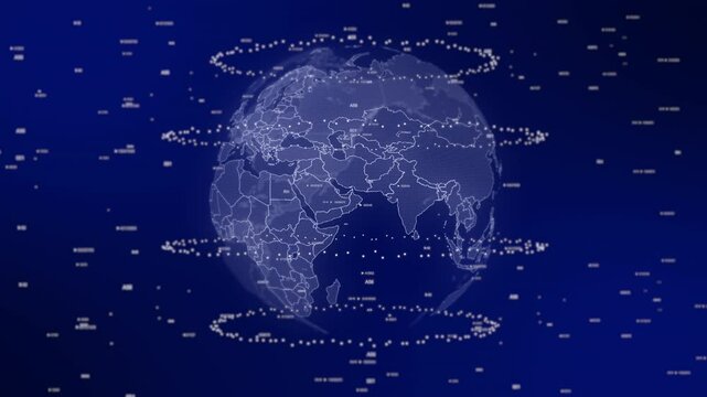United Arab Emirates country emerges on rotating digital globe, surrounded by energy particles, illustrating advanced data analysis in cinematic background