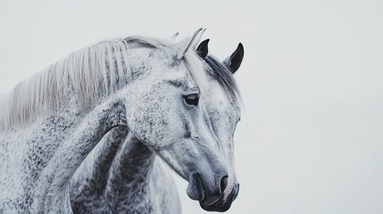 Fototapeta premium A stunning close-up of two horses embracing, their foreheads touching as their ears relax, capturing pure companionship against a seamless white background 