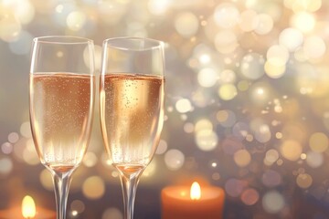 A romantic evening setting with two wine glasses clinking in candlelight, against a soft bokeh background.