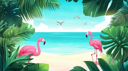 Two Pink Flamingos on a Tropical Beach Paradise