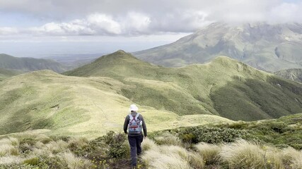 An adventurous man hikes on the picturesque Pouakai summit trail next the mighty Mount Taranaki volcano in Egmont National Park. Spectacular trails on north island, New Zealand. New Plymouth