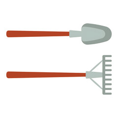 This image showcases two common gardening tools, a shovel and a rake, ready to be used.