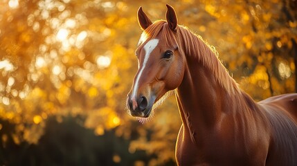Fototapeta premium A stunning portrait of a mare with a white forehead spot, bathed in warm evening light, standing gracefully against an autumn landscape of golden trees 