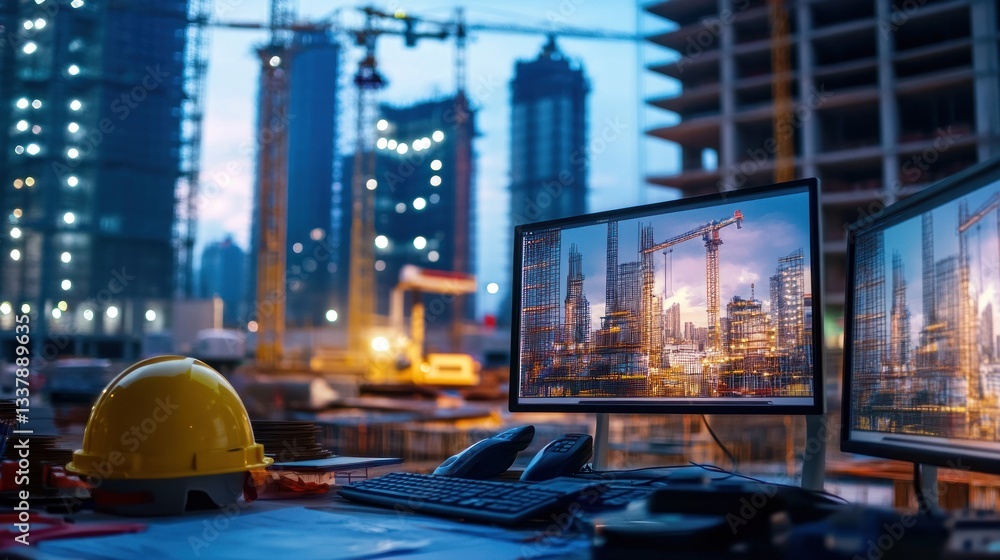 Poster Construction site overview on computer screens at night.