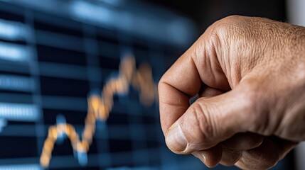 A close-up of a hand and a digital screen displays dynamic charts, symbolizing data analysis and technological advancement.