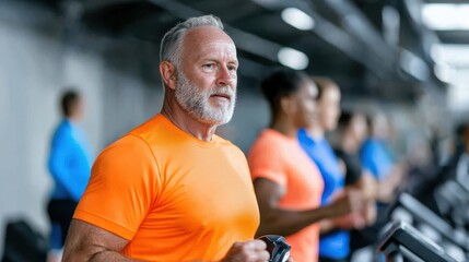 An elderly man runs intently on a treadmill in a high-tech gym, illustrating vitality and dedication in staying fit and active.
