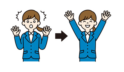 驚いた表情と大喜びする表情の、就活中の女性のベクターイラスト素材＿線幅の編集可能＿カラー