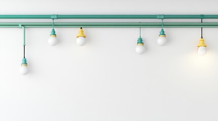 Colorful Industrial Light Fixtures on White Wall with Pipes