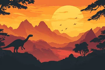 Fototapete Rund A 1950s-style travel postcard featuring a majestic prehistoric landscape with a dinosaur silhouette and space for greetings © PinkiePie